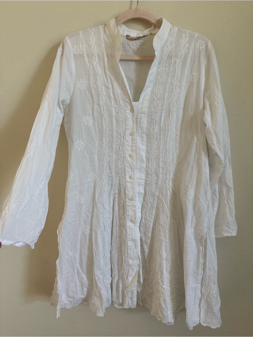 Soft Surroundings White Cotton Embroidered Lightweight Button Tunic Blouse L